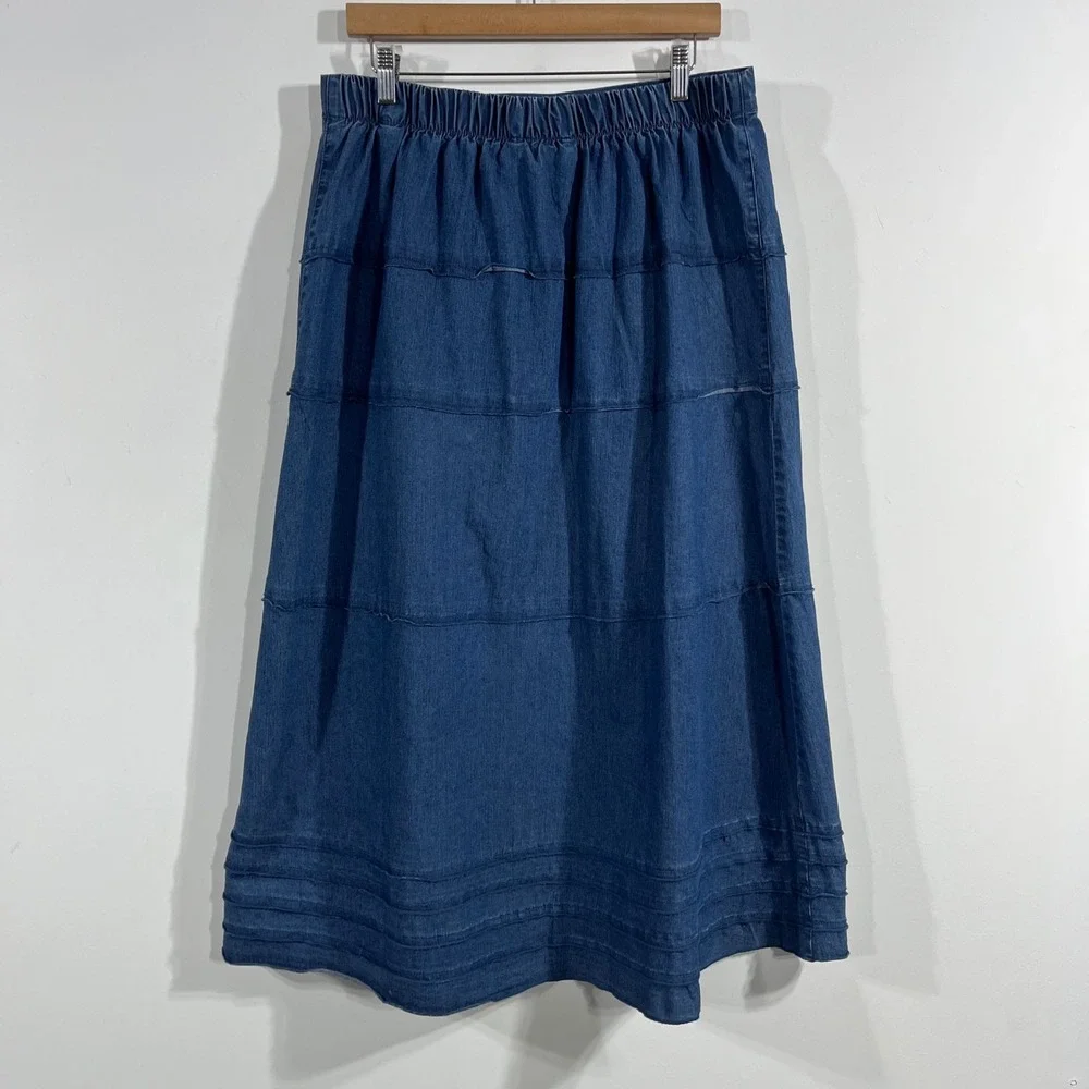 Denim &Co Western Renfair Tiered Denim Midi Skirt Womens Medium Boho Country